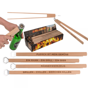 Houten BBQ tang met bieropener - BBQ gadget - Wooden bbq tongs with bottle opener