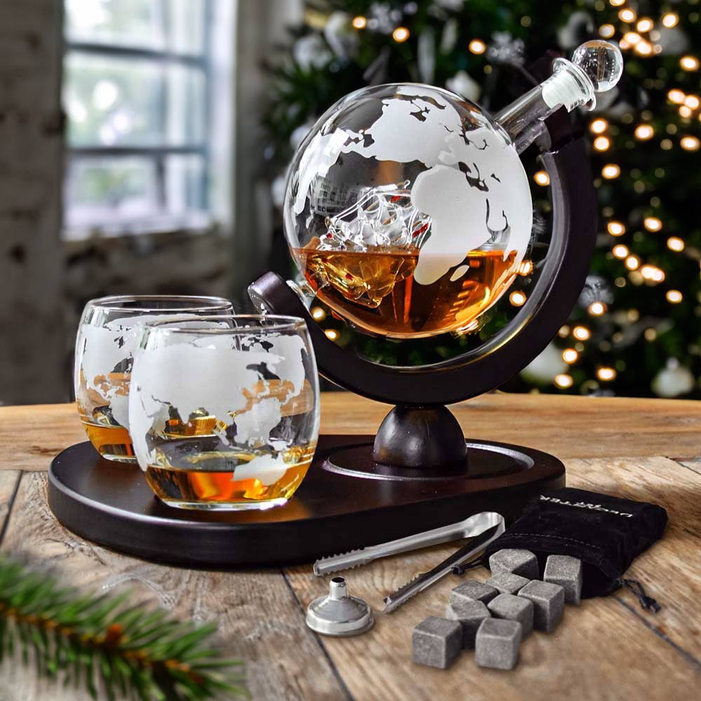 Globe Whiskey Decanter Deluxe Luxe Uitvoering Geleverd met een Groot Plateau 0.9L Incl. 2 Whiskey Glazen, Whiskey Stones en Luxe Kist Whiskey Karaf