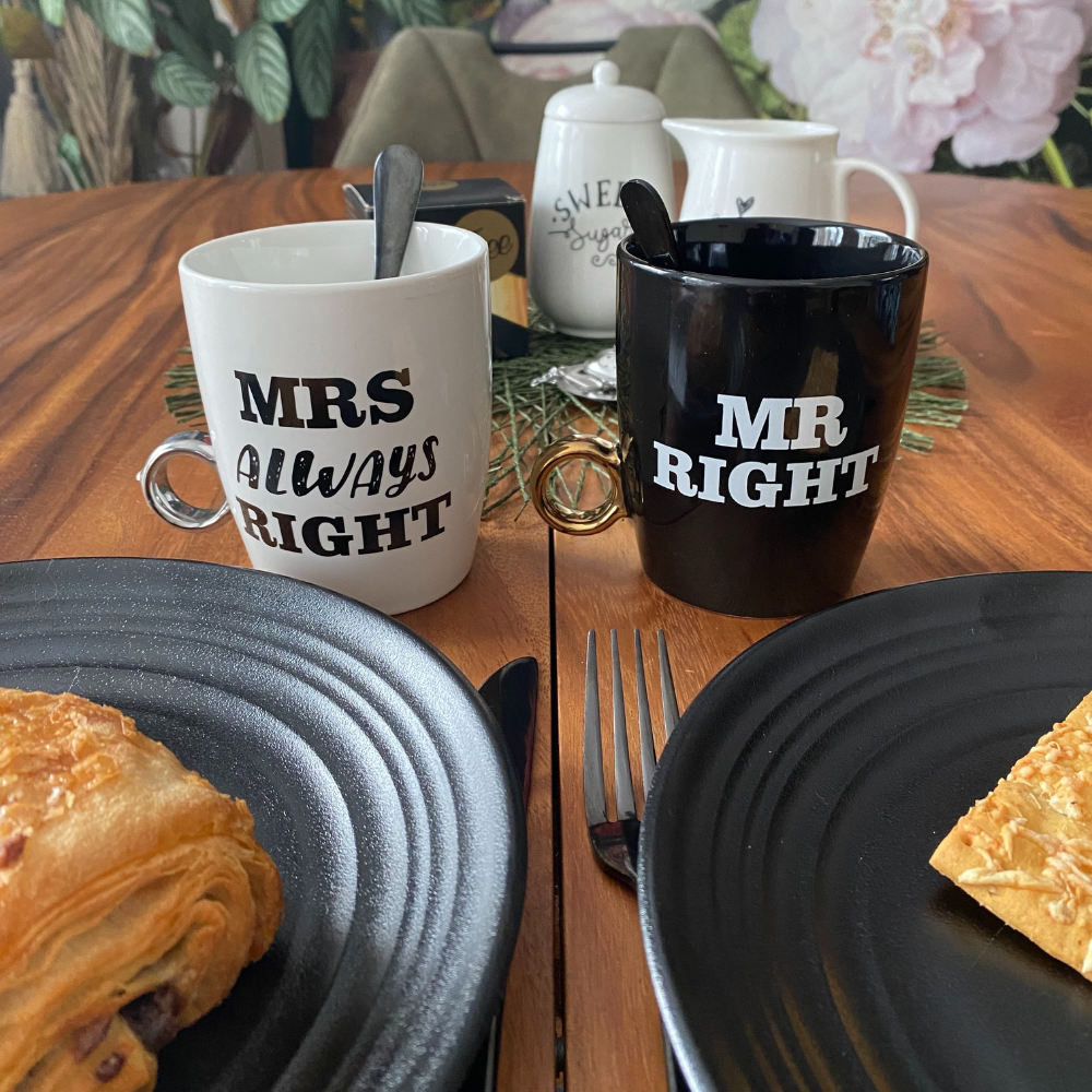 Porseleinen mokken Mr Right Mrs Always Right Wit en Zwart koffiemok met tekst Grappige mokken