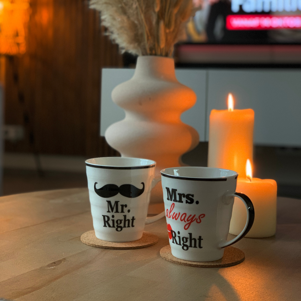 Mr. Mrs. Right Mokkenset Koffiemokken voor Stellen Valentijnscadeau Keramisch Porselein Inclusief Giftbox