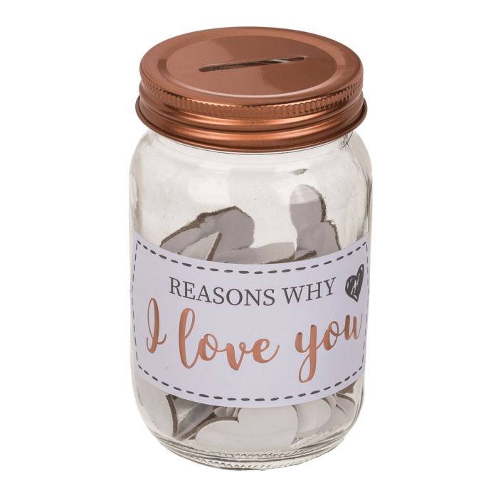 Glazen Weckpot 'Reasons why I love you' Met 50 mini hartjes Ca. 12 x 7,5 cm Valentijns cadeau Liefdes geschenk
